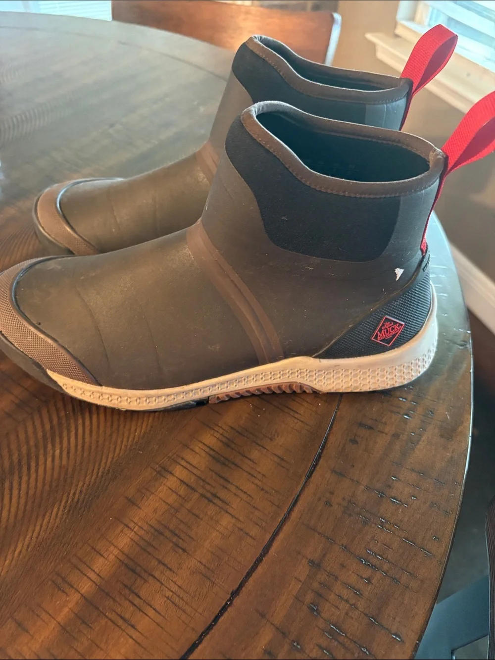 Men's Waterproof Slip-On Rain & Snow Boots in Dark Brown with Red Pull Tabs